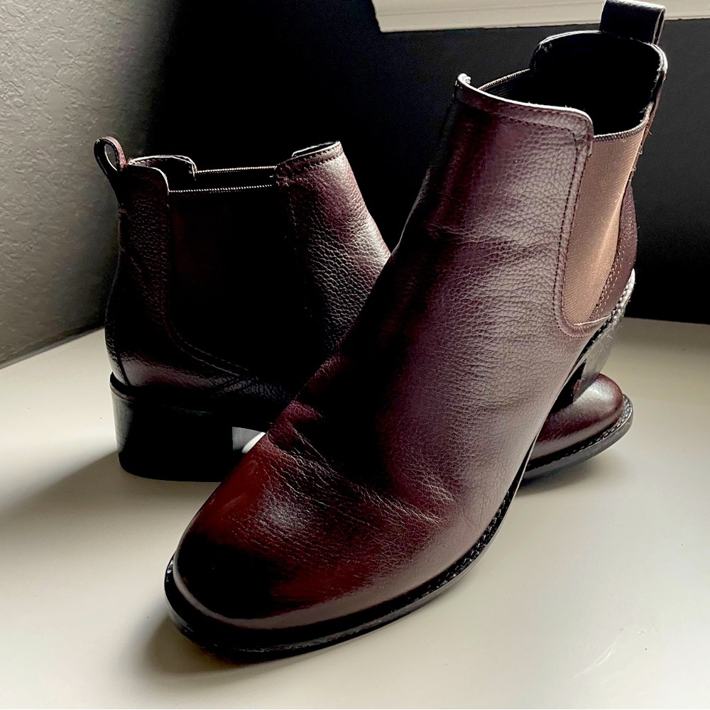 Cole Haan chocolate brown leather block heeled bootie.